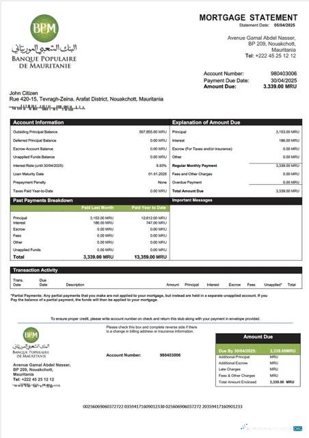 Mauritania Banque Populaire de Mauritanie (BPM) mortgage statement Word and PDF template